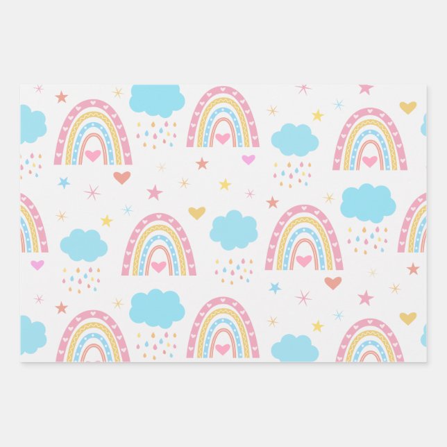 Boho rainbow pattern with clouds pastel  wrapping paper sheets (Front)