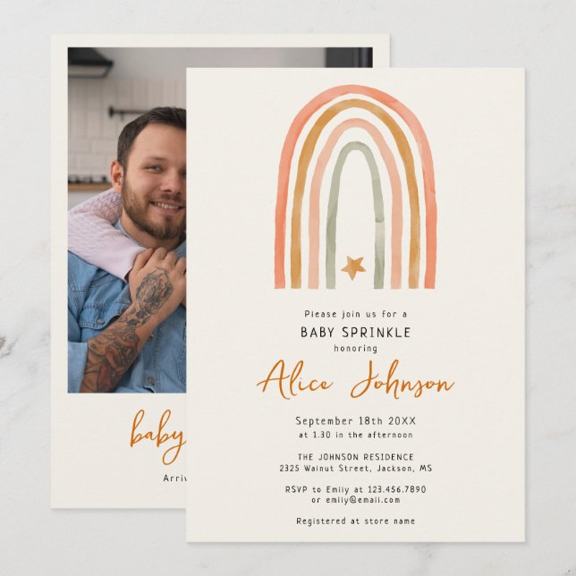 Boho Rainbow Photo Baby Sprinkle Shower Invitation (Front/Back)