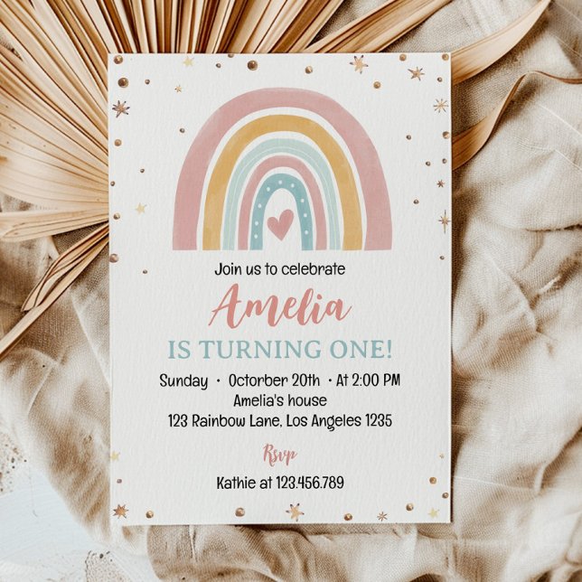Boho Rainbow Pink 1st Birthday Invitation (Creator Uploaded)