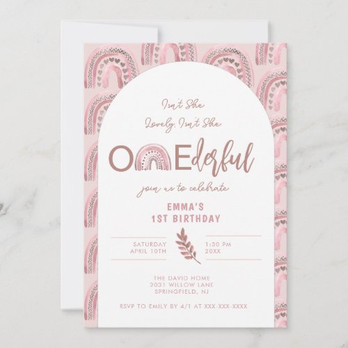 Boho Rainbow  Pink Arch Onederful Birthday Invitation