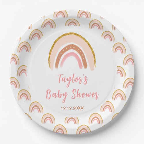 Boho Rainbow Pink Baby Shower Paper Plates