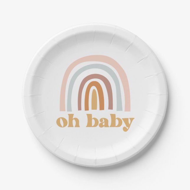 Boho Rainbow pink Baby Shower Paper Plates (Front)
