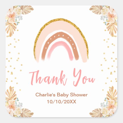 Boho Rainbow Pink Baby Shower Thank You Square Sticker