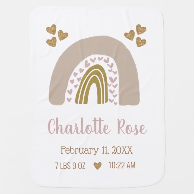 boho rainbow pink blush baby girl birth stats blanket (Front)