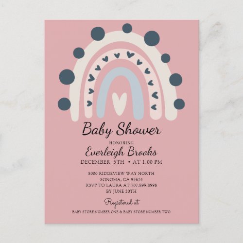 Boho Rainbow Pink Girl Baby Shower Invitation 