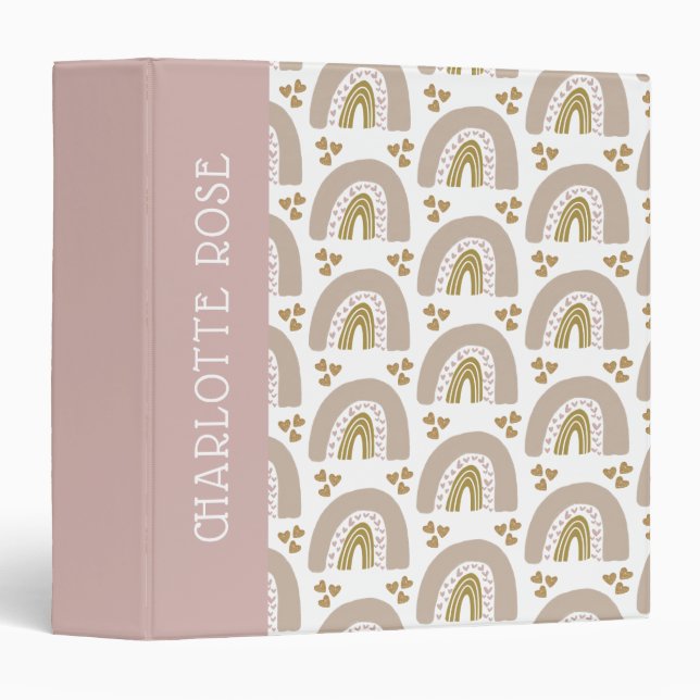 Boho Rainbow Pink Gold Baby Photo Album 3 Ring Binder (Front/Spine)
