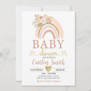 Boho Rainbow Pink Gold Baby Shower Invitation