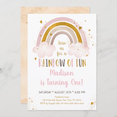 Boho Rainbow Pink Gold Birthday Invitation