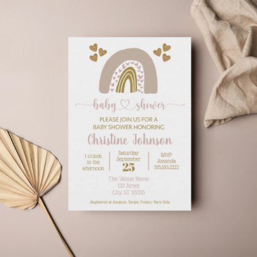 Boho Rainbow Pink Gold Heart Baby Girl Shower Invitation