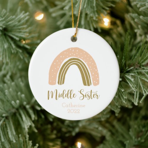 Boho Rainbow Pink Gold Sister Personalized Ceramic Ornament