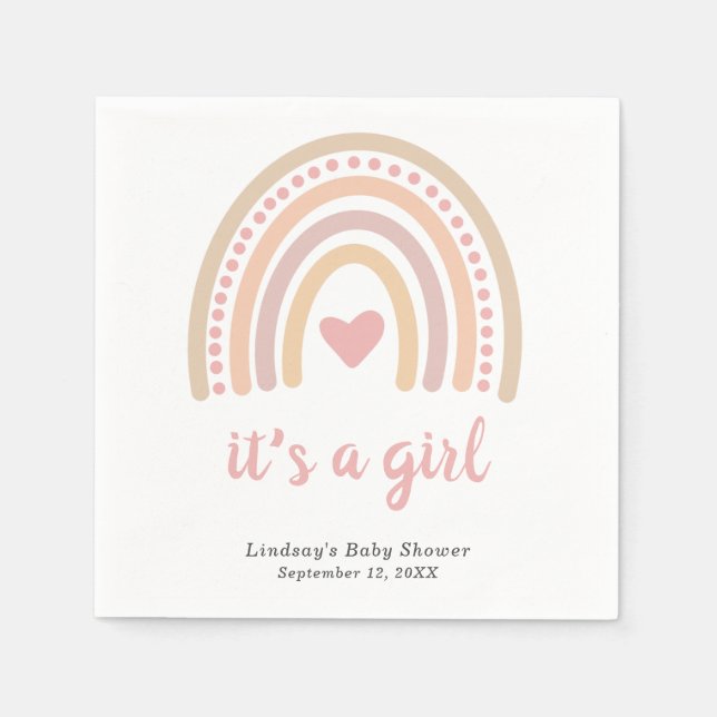 Boho Rainbow Pink Heart Cute Girl Baby Shower Napkins (Front)