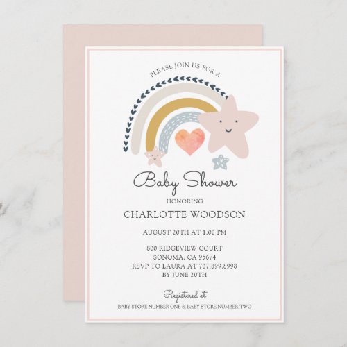 Boho Rainbow Pink Heart Girl Baby Shower  Invitation