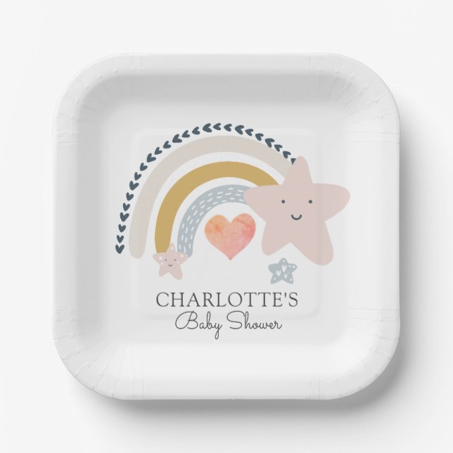 Boho Rainbow Pink Heart Girl Baby Shower  Paper Plates (Front)