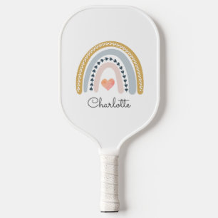 Boho Rainbow Pink Heart Personalized Pickleball Paddle