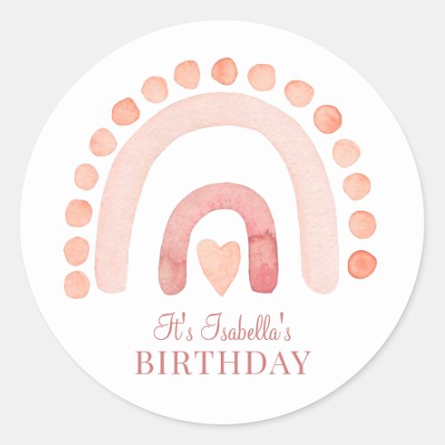 Boho Rainbow Pink Kids Birthday Party   Classic Round Sticker