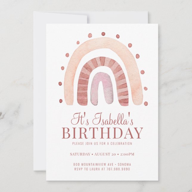Boho Rainbow Pink Kid's Birthday Party Invitation (Front)
