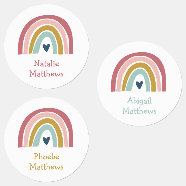 Boho Rainbow Pink Navy Mustard Name Waterproof Labels (Group)