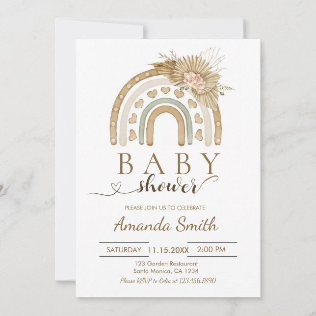 Boho Rainbow Pink Pampas grass Baby Shower Invitation (Front)
