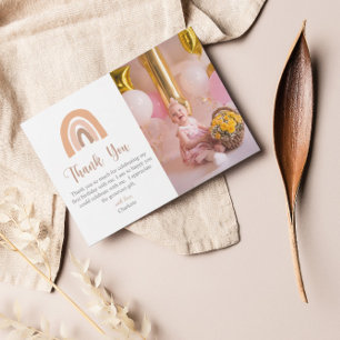 Boho Rainbow Pink Pastel First Birthday Thank You Card