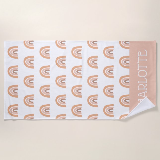 Boho Rainbow Pink Pastel Personalized Kids Beach Towel (Front)
