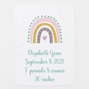 Boho Rainbow Pink Teal Gold Hearts Birth Stats Baby Blanket