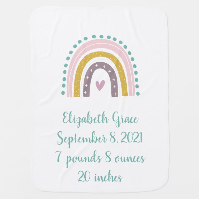 Boho Rainbow Pink Teal Gold Hearts Birth Stats Baby Blanket (Front)
