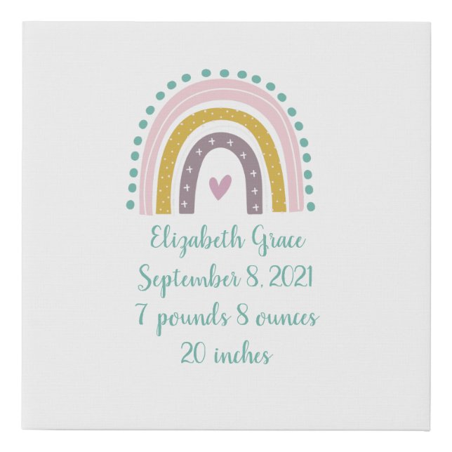 Boho Rainbow Pink Teal Gold Hearts Birth Stats  Faux Canvas Print (Front)