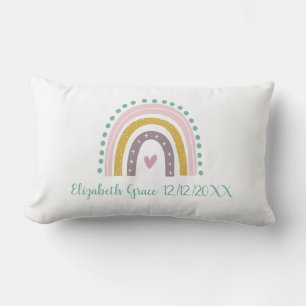 Boho Rainbow Pink Teal Gold Hearts Birth Stats Lumbar Pillow