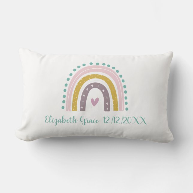 Boho Rainbow Pink Teal Gold Hearts Birth Stats Lumbar Pillow (Front)