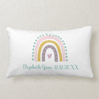 Boho Rainbow Pink Teal Gold Hearts Birth Stats Lumbar Pillow