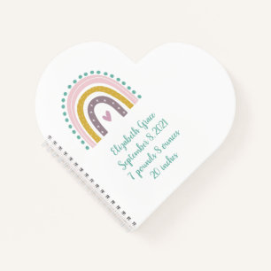 Boho Rainbow Pink Teal Gold Hearts Birth Stats Notebook