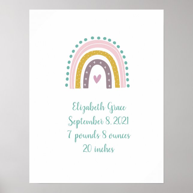 Boho Rainbow Pink Teal Gold Hearts Birth Stats  Poster (Front)