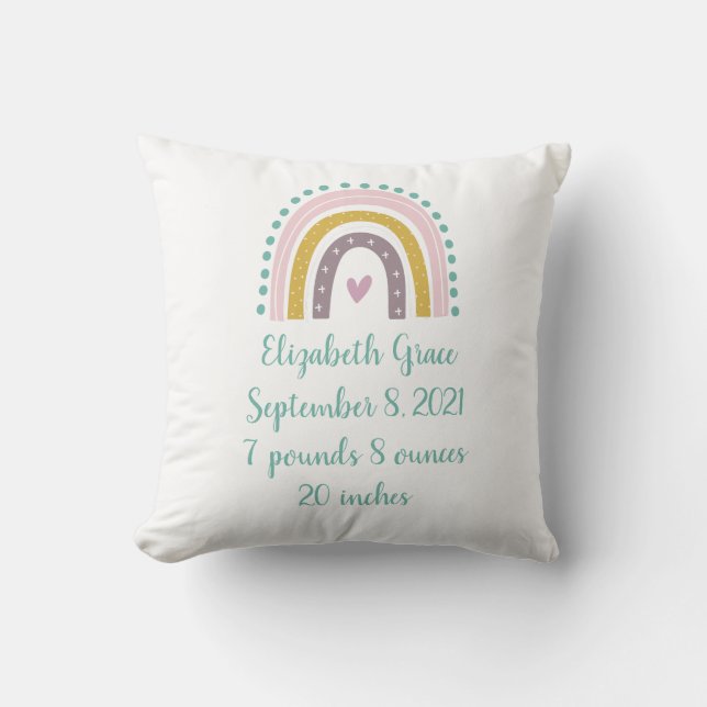 Boho Rainbow Pink Teal Gold Hearts Birth Stats  Throw Pillow (Front)