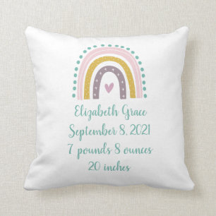 Boho Rainbow Pink Teal Gold Hearts Birth Stats Throw Pillow