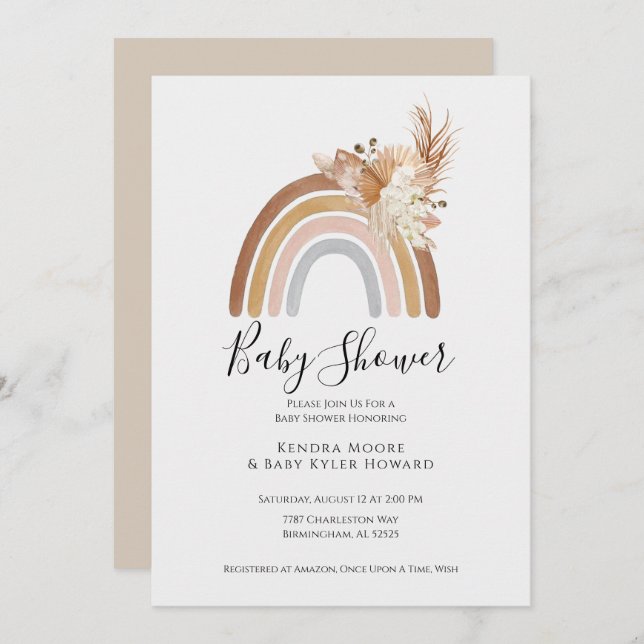 Boho Rainbow Pompas Grass Baby Shower Invitation (Front/Back)