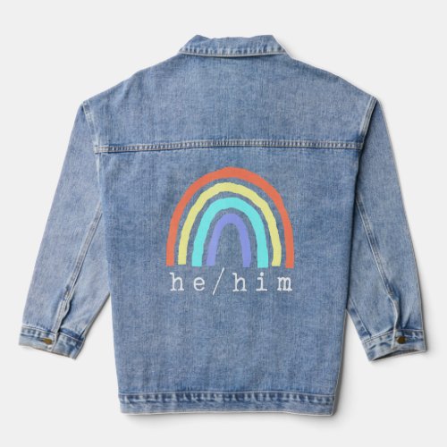 Boho Rainbow Pronouns He Him Pride Lbgtqia  Denim Jacket