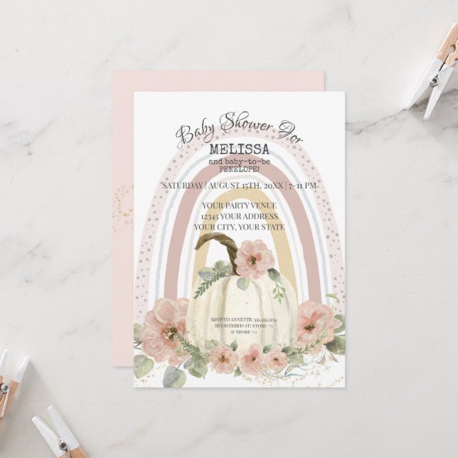 Boho Rainbow Pumpkin Pink Floral Gold Sparkle Girl Invitation (Front/Back In Situ)