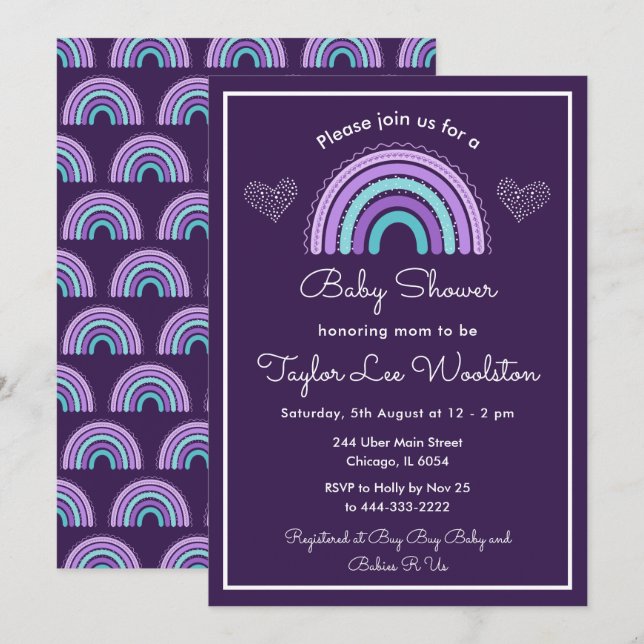 Boho Rainbow Purple and Turquoise Blue Baby Shower Invitation (Front/Back)