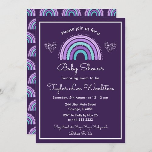 Boho Rainbow Purple and Turquoise Blue Baby Shower Invitation