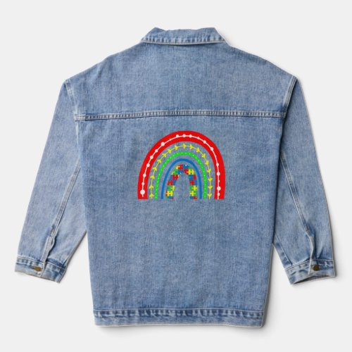 Boho Rainbow Puzzle Piece Autism Awareness Autisti Denim Jacket