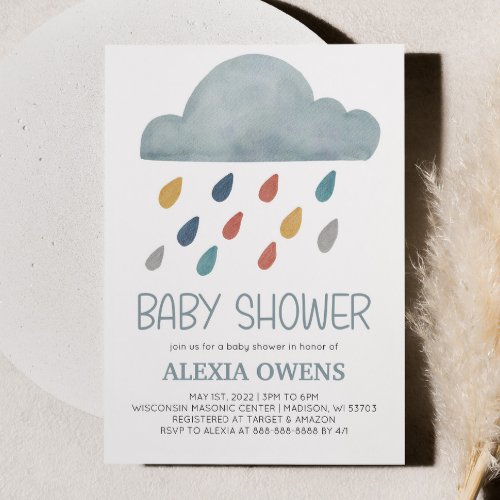 Boho Rainbow Raincloud Rain Minimal Baby Shower Invitation