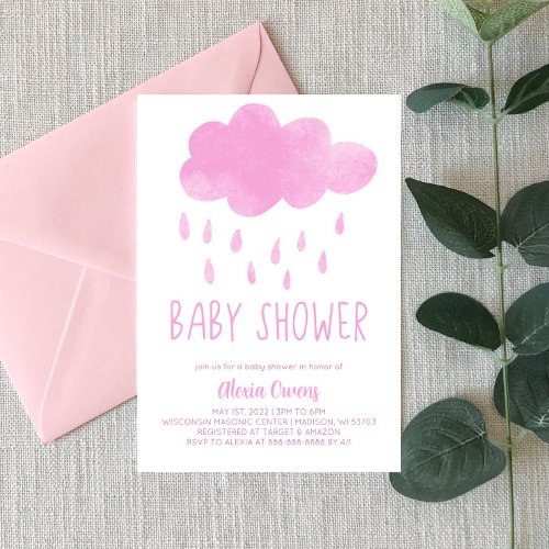 Boho Rainbow Raincloud Rain Pink Baby Shower Invitation