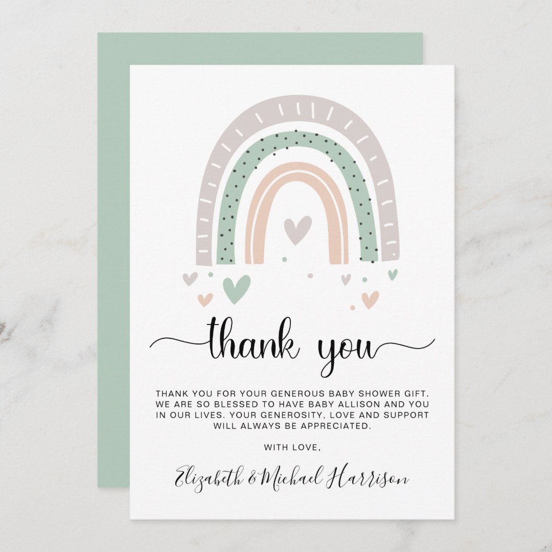 Boho Rainbow Sage Green Baby Shower Thank You Card | Zazzle