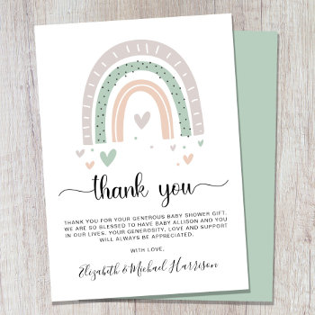Boho Rainbow Sage Green Baby Shower Thank You Card by JulieHortonDesigns at Zazzle