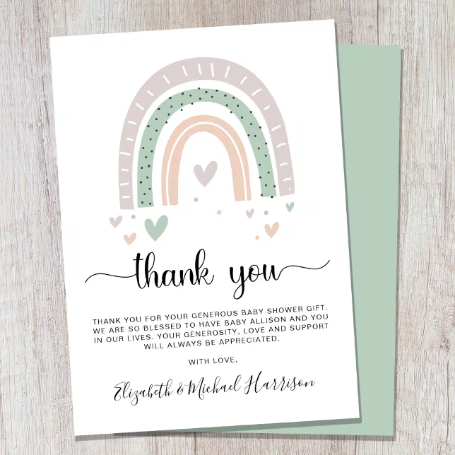 Boho Rainbow Sage Green Baby Shower Thank You Card | Zazzle