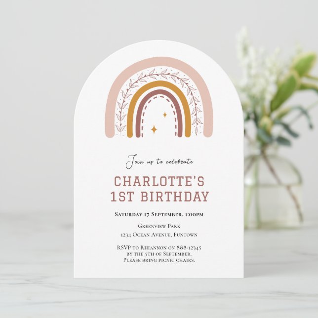 Boho Rainbow simple 1st birthday invitation (Standing Front)