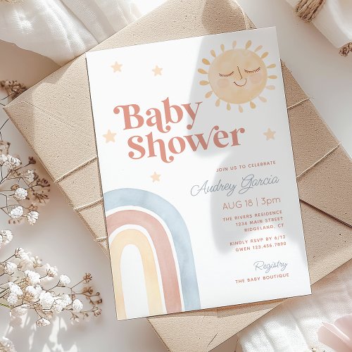 Boho Rainbow  Smiling Sun Watercolor Baby Shower Invitation