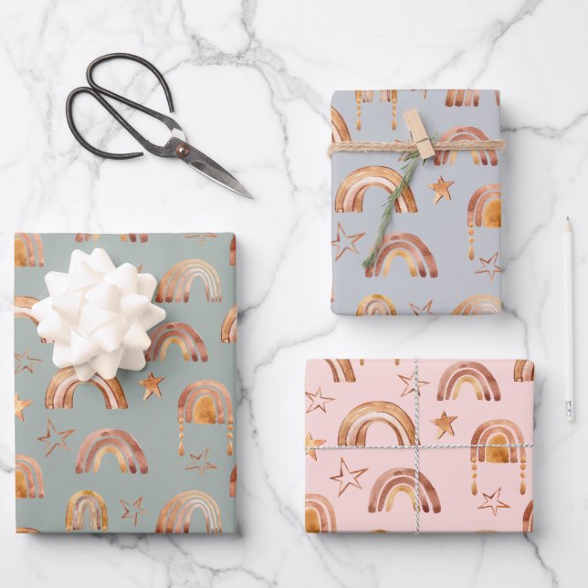 Boho Rainbow Stars Baby Shower Blue Pink Green Wrapping Paper Sheets (Front)
