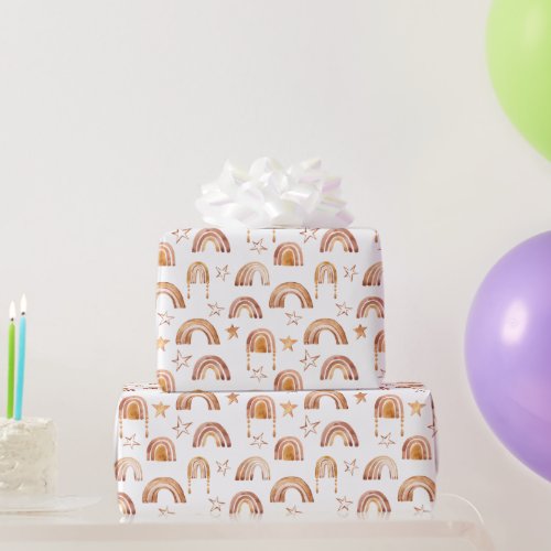 Boho Rainbow Stars Terracotta Brown Baby Shower Wrapping Paper