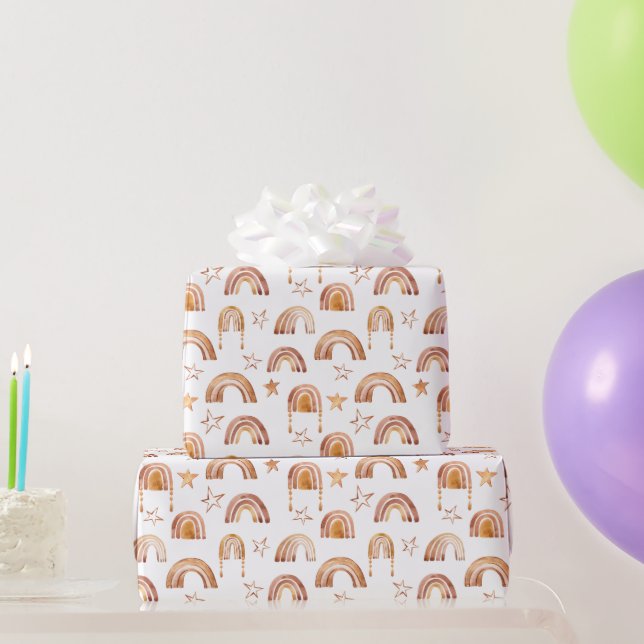 Boho Rainbow Stars Terracotta Brown Baby Shower Wrapping Paper (Party Gifts)